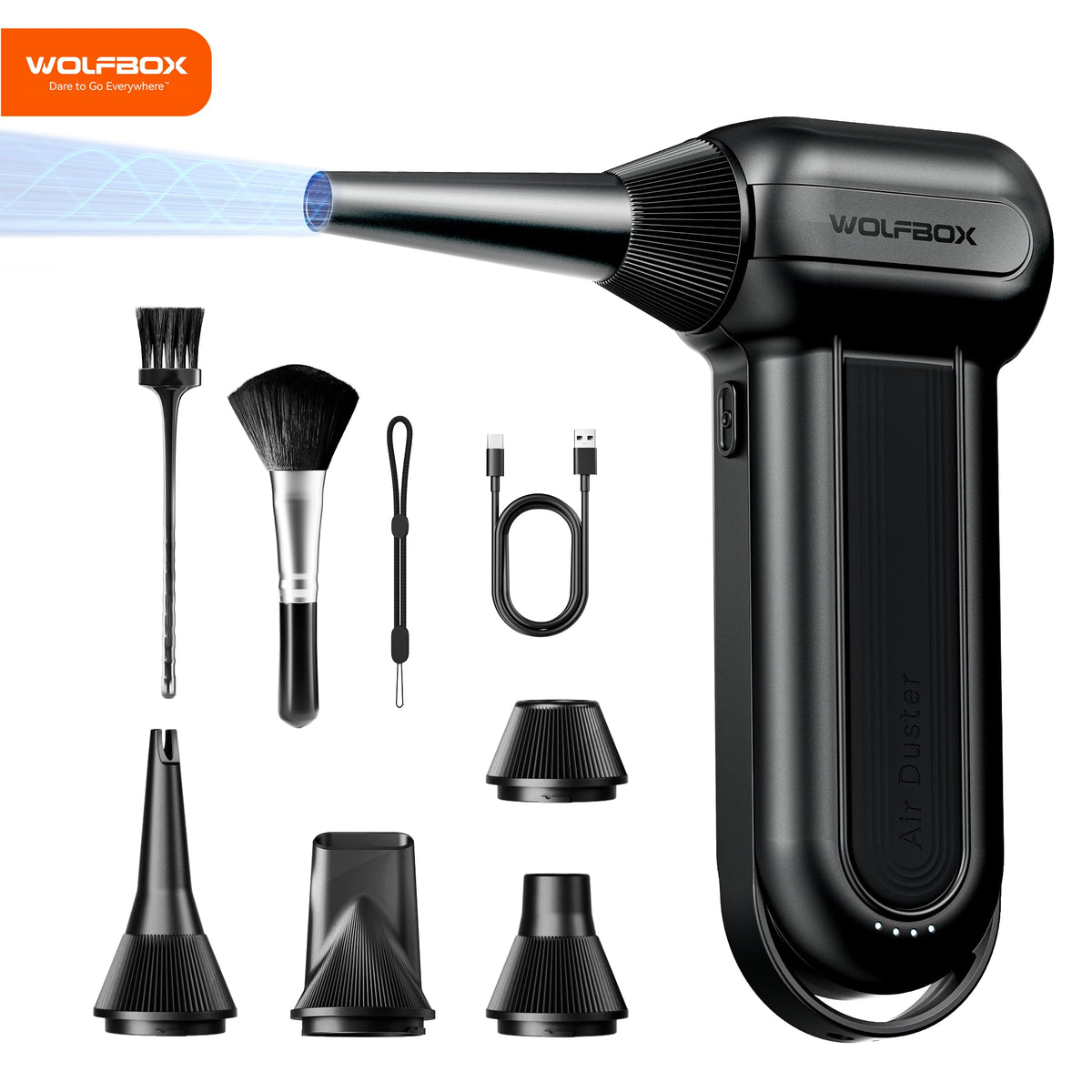 WOLFBOX - DF100B 150000RPM Compressed Air Duster, Rechargeable Electric, 3-Speed Adjustable for Computer, Keyboard, Car - Black