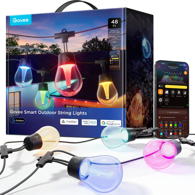 Govee Smart Outdoor String Lights

48 Ft

25,000 hrs for LED Light
80lm per Light
2700K

IP67

APP Central

Outdoor

matter

works with alexa

Works with Google Home

Advanced Durability

Govee