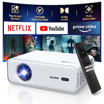 Aurzen - Smart Projector with WiFi and Bluetooth, 4K Support, Native 1080P, Official App, Auto Focus & Keystone, 16W Speakers