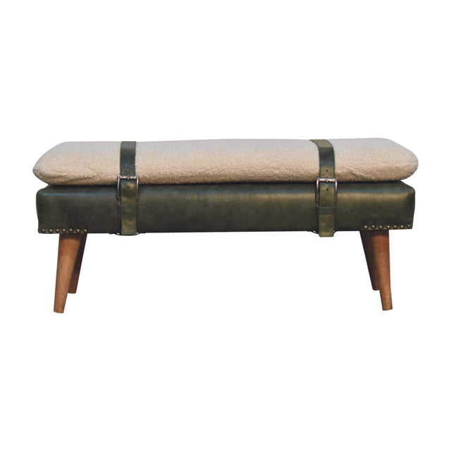 Front. Artisan Furniture - Artisan Furniture Solid Wood BouclÃ© Buffalo Hide Olive Green Leather Bench, Upholstered, Green & Cream - Green & Cream.