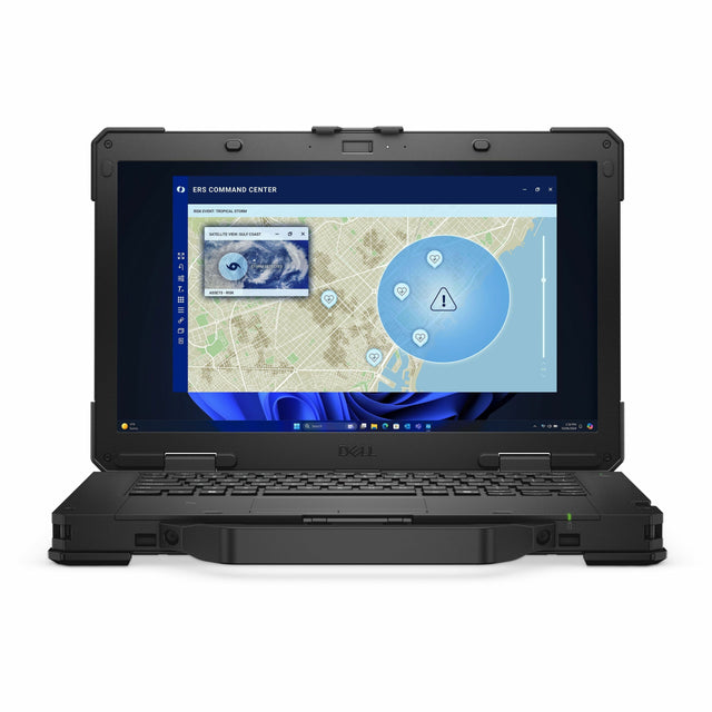 A laptop computer with a blue background and a map on the screen. The map is labeled with the words "Command Center." The laptop is open and ready for use.