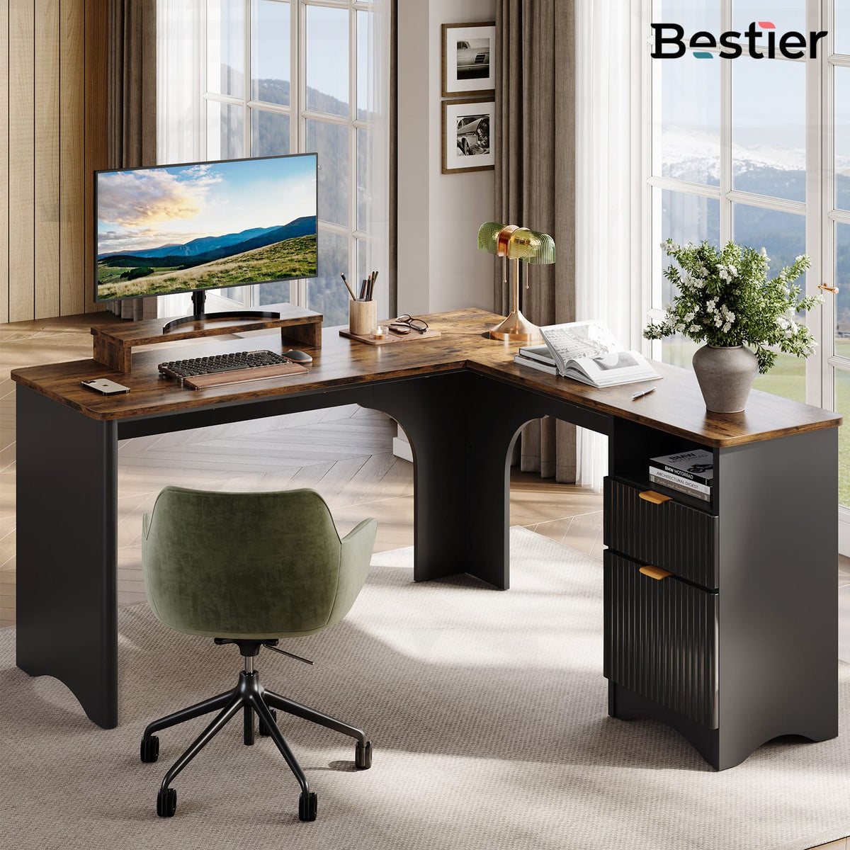 Bestier - 55 Inch L-Shaped Computer Desk with File Drawer and Monitor Stand - Rustic Brown