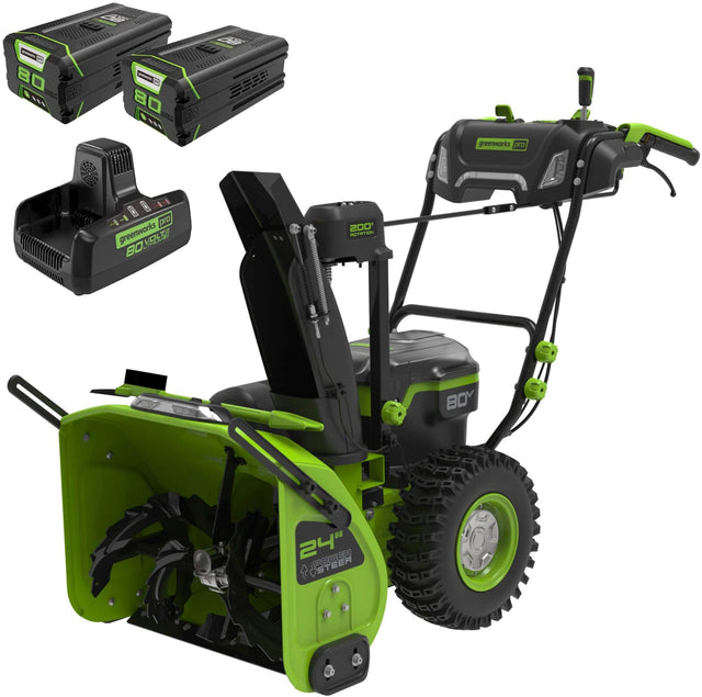 The text on the image reads: "80 80 1S greenworks 24" POWER SNOW BLOWER."
