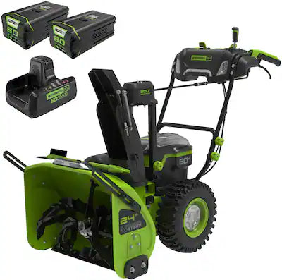 Greenworks - 80V 24” Cordless Brushless Two-Stage Snow Blower with (2) 4.0Ah Batteries and Dual-Port Turbo Charger