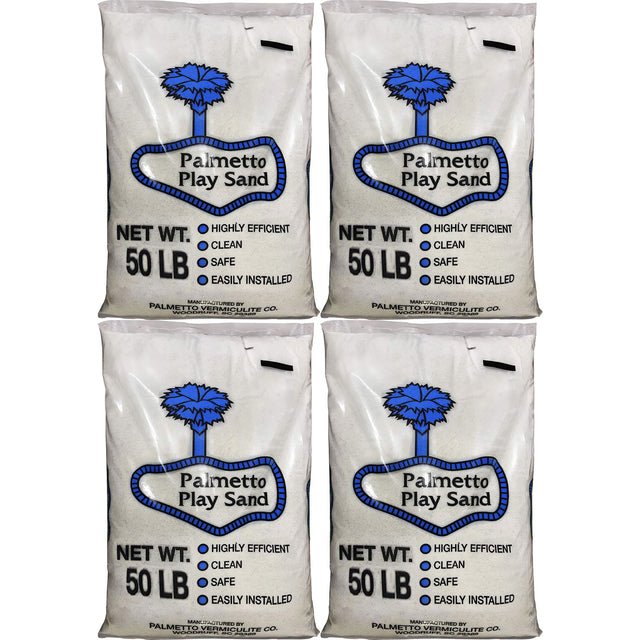 Palmetto Play Sand  
NET WT. 50 LB  
- HIGHLY EFFICIENT  
- CLEAN  
- SAFE  
- EASILY INSTALLED  

MANUFACTURED BY  
PALMETTO VERMICULITE CO.  
WOODRUFF, SC