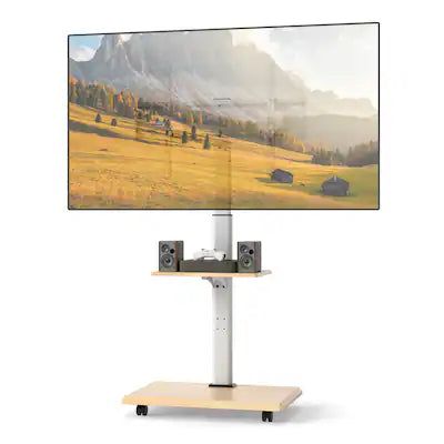 Gymax - Rolling TV Stand on Wheels w/30 Degree Tilt Mount Adjustable Shelf & Cable Management Natural & White