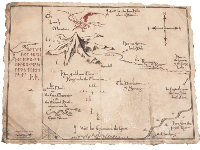 The Lonely Mountain  
East lie the Iron Hills where is Dain's Girion's Dale  
Here is the Running River  
Here is the gatety of the Long Lake  
For to the North are the Grey Mountains the Withered Heath whence came the Great Worms  
West lies Greenwood the Great  
In Esgaroth upon the Long Lake dwell Men  
Here flows the Forest River  
The Desolation of Smaug  
King under the Mountain  
Here of old was Thrór