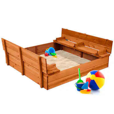 Best Choice Products - Large Outdoor Wooden Sandbox for Kids with Cover and Bench Seats Support up to 220 lbs