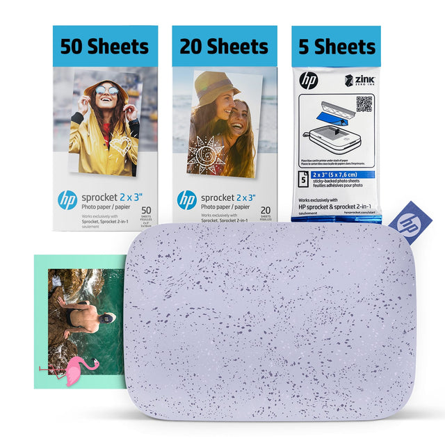 50 Sheets 20 Sheets 5 Sheets hp zink
hp sprocket 2 x 3" Photo paper/papier
50 Works exclusively with Sprocket 2-in-1
20 Works exclusively with Sprocket 2-in-1
5 sticky backed photo sheets
Works exclusively with HP sprocket & sprocket 2-in-1