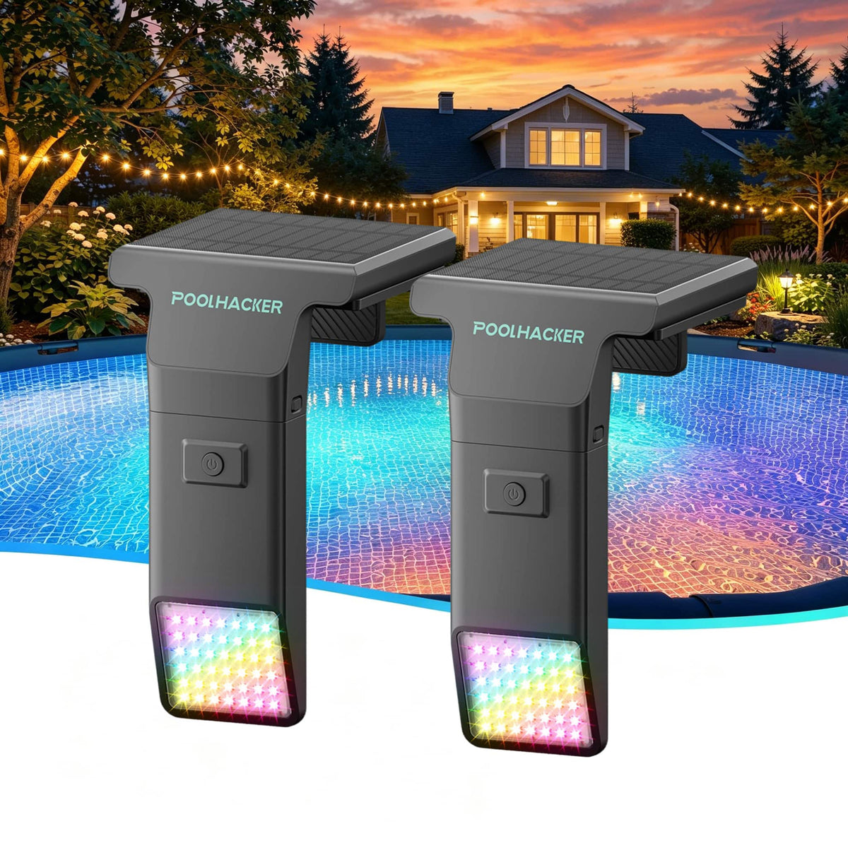 POOLHACKER - 2 Pack Solar Pool Lights, 10-Color 4-Mode Submersible LED Lights with Timer & Remote for Inground&Above Ground Pool