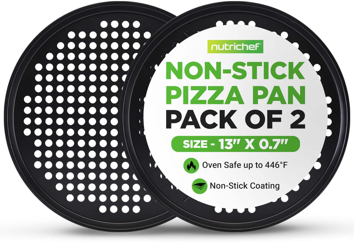 NutriChef - Round Pizza Pans for Oven 13’’ Non-Stick Pizza Pans (2-Pack) - Black