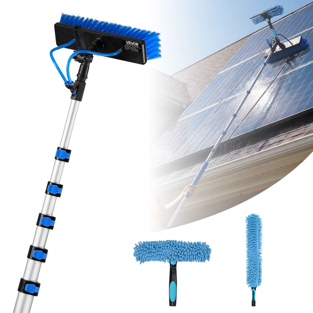 VEVOR - Solar Panel Cleaning Kit, 39 ft, Water Fed Pole Kit with Cleaning Brush, Soap Dispenser, Extendable Aluminum Telescopic - Silver + Blue