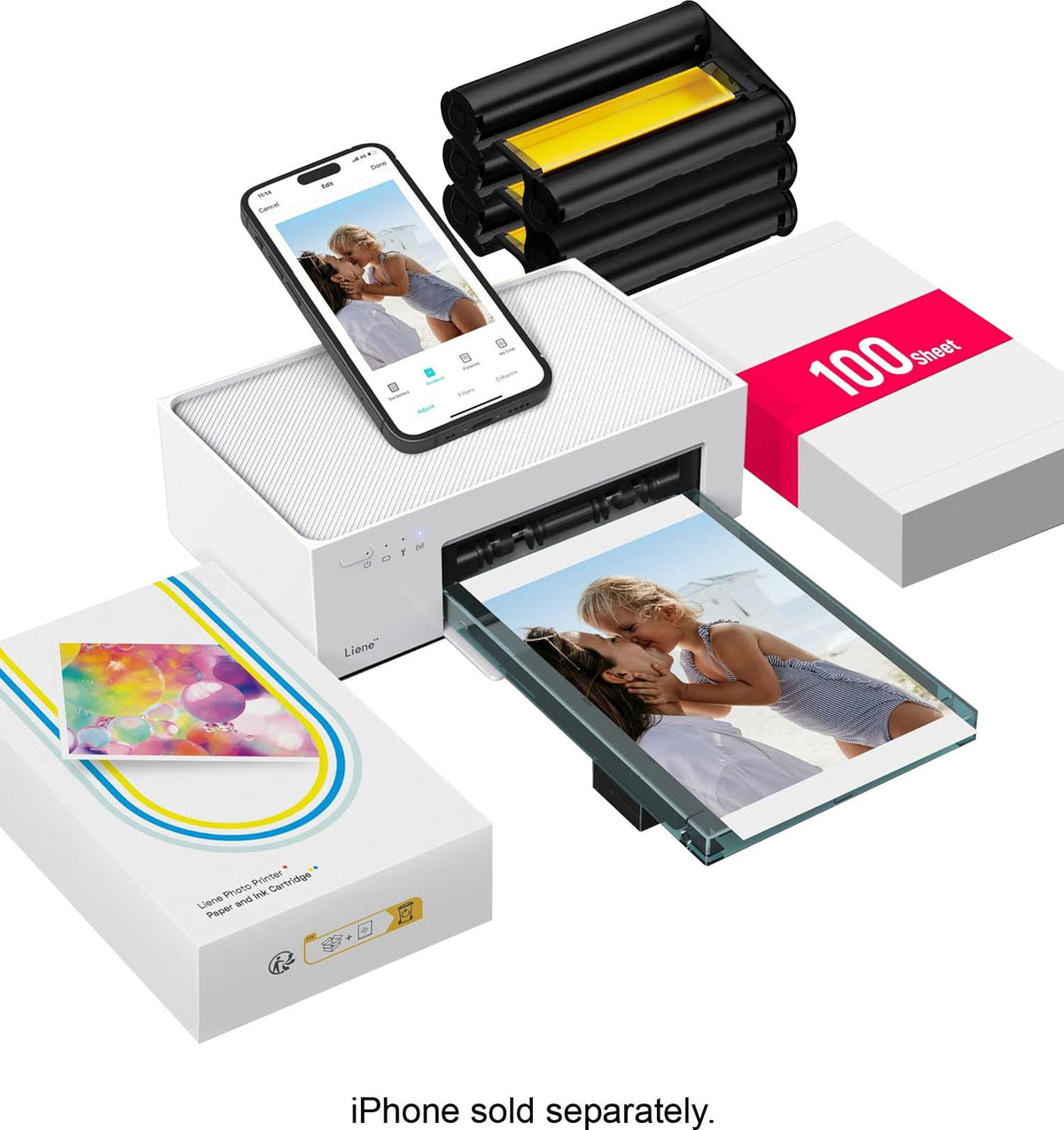 Liene - Amber M100 Wireless Photo Printer - 4x6 inch - 100 Sheets & 3 Ink Cartridges - FN002-65014 - White