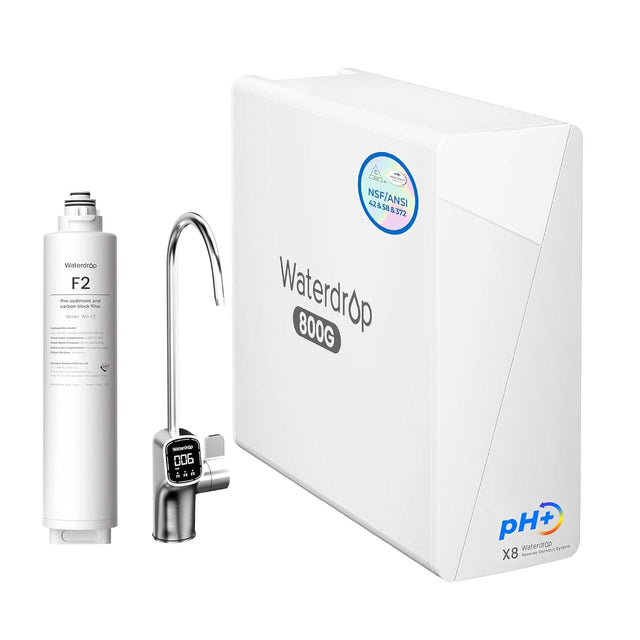 Waterdrop F2 Pre-sediment and carbon block filter Model WD-F2  
- MPL es - Tweet VM SALE - known - vit Oncyday  
NSF/ANSI 42, 58 & 372 Waterdrop 800G  
Waterdrop 006 "  
pH+ Waterdrop Comosid System X8 Reverse
