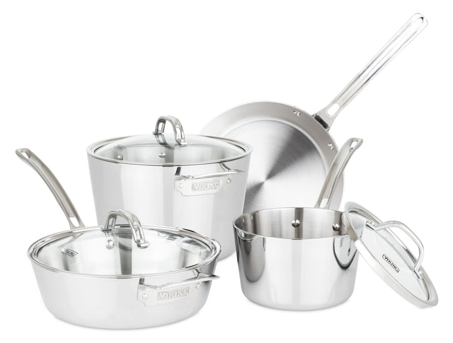 Angle. Viking - Contemporary 3 Ply 7-Piece Cookware Set- Mirror - Stainless Steel.