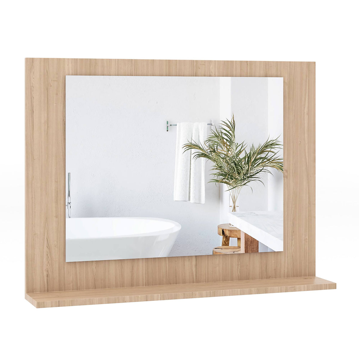 Gymax - Bathroom Mirror w/ Shelf 23.5'' x 17.5'' Rectangle Wood Frame Vanity Mirror - Natural