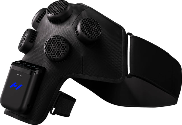 The image shows a black gaming controller with a textured grip and four circular buttons. Attached to it is a black battery pack with a blue logo.