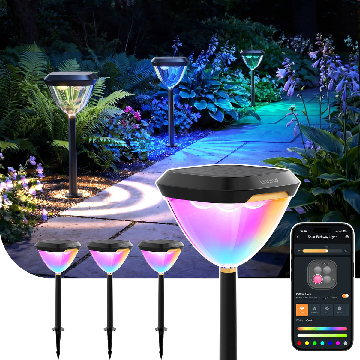 Linkind - Smart Solar Pathway Lights Outdoor, APP Control, Solar & Wired Charging, Color Changing, 4 Pack - Black