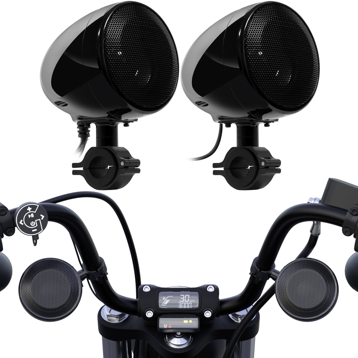 GoHawk - Bluetooth Motorcycle Speakers, 4" Waterproof Stereo Stereo Audio System w/ Built-in Amp, USB for Harley ATV - Black