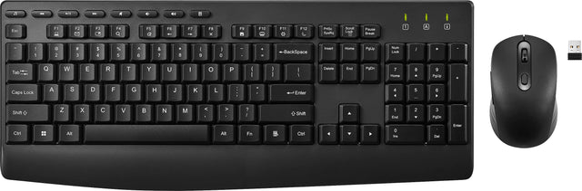 The image shows a black computer keyboard and a mouse on a white background. The keyboard has a standard layout with the numbers 1 through 9, the letters A through Z, and various function keys. The mouse is positioned to the right of the keyboard. The image does not provide any text to group or correct.
