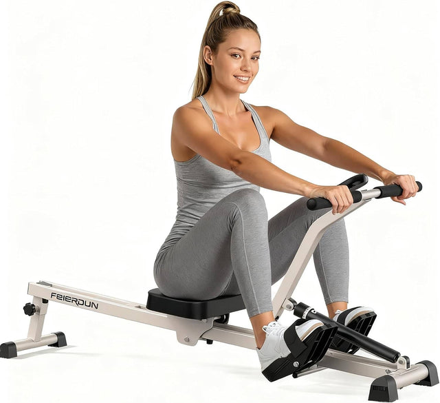 Front. FEIERDUN - Hydraulic Rowing Machine for Home, Compact Adjustable Rower with 12 Resistance Levels - White.