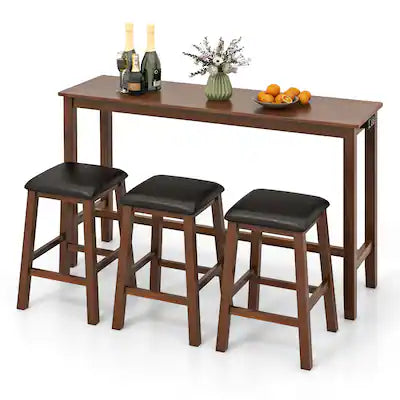 Gymax - 4-Piece Bar Table Set w/ Power Outlet Counter-Height Table & 3 Bar Stools