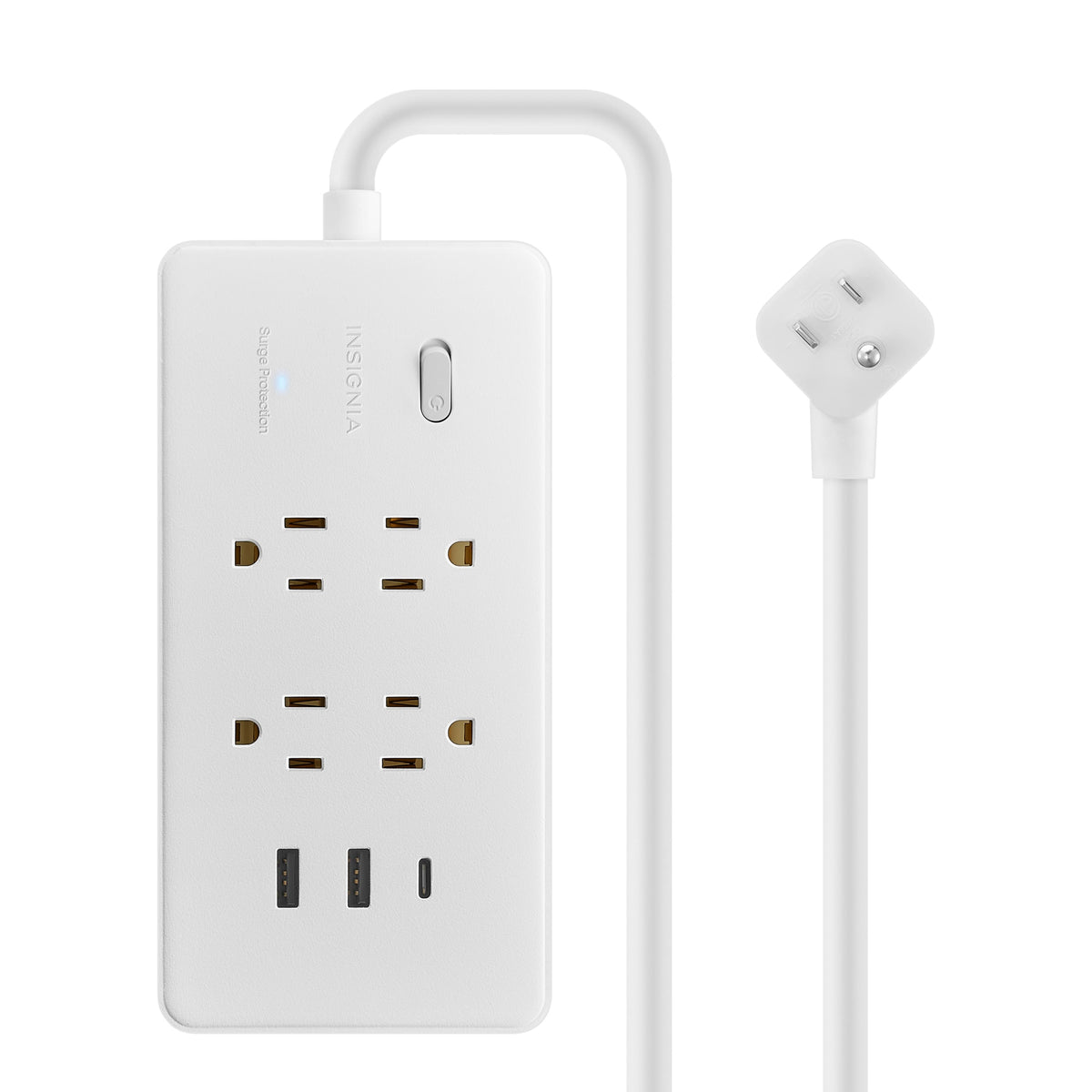 Insignia™ - 4-Outlet / 1-USB-C / 2-USB 1,200 Joules Surge Protector Strip with 6 ft. Power Cord - White