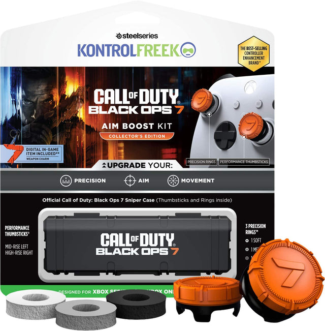 SteelSeries KontrolFreek  
Call of Duty: Black Ops 7 Aim Boost Kit Collector's Edition  

The Best-Selling Controller Enhancement Brand  

Upgrade Your:  
- Precision  
- Aim  
- Movement  

Digital In-Game Item Included:  
- Weapon Charm  

Precision Rings  
Performance Thumbsticks  

Official Call of Duty: Black Ops 7 Sniper Case (Thumbsticks and Rings inside)  

Performance Thumbsticks:  
- Mid-Rise Left  
- High-Rise Right  

3 Precision Rings:  
- 1 Soft  
- 1 Medium  

Designed for Xbox Series X/S  

