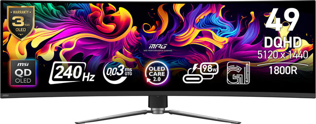 WARRANTY 3 YEARS OLED - MSI QD OLED 240 Hz 0.03 ms GTG MAG ME PERFORMANCE LAMING OLED CARE 2.0 98W 49 DQHD 5120 X 1440 1800R