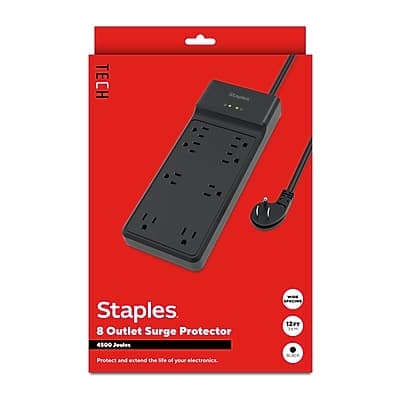 Staples 8 Outlet Surge Protector  
4500 Joules  
Protect and extend the life of your electronics.  
12FT  
BLACK