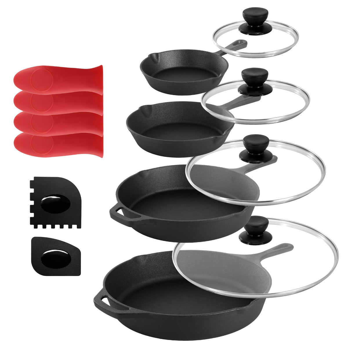 MegaChef - 13 Piece Cast Iron Skillet Set with Tempered Glass Lids and Silicone Holders - Black and Red