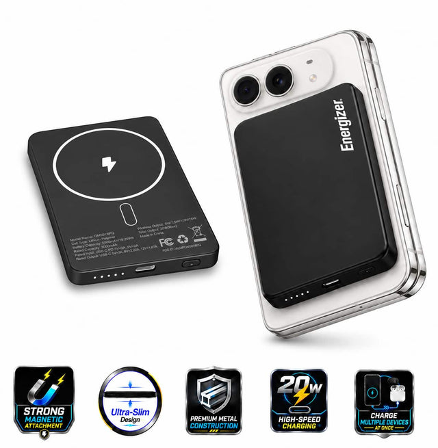 MSUMOUMS'LIMS Wireless Output 20W(Max) QM5018PQ Total in China Name: Polymer 25Wh Made Model Type: Lithium 5000mAh/19.25Wh Cell Capacity 3000mAh Battery Capacity. SV=3A, SV=2A 12V=1.67A ID:2AU4POM5018PQ Rated USB C PO 9V-2.22A, FCC Rated Input USB-C SVIGA, Rated Output: Energizer

20 W
STRONG MAGNETIC ATTACHMENT
Ultra-Slim Design
PREMIUM METAL CONSTRUCTION ...
HIGH-SPEED CHARGING
CHARGE MULTIPLE DEVICES AT ONCE