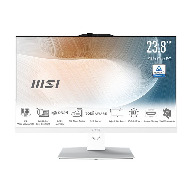 23.8" All-in-One PC II + TÜV Rheinland CERTIFIED  
IPS 178° + RAM DDR5  
tobii AWARE  
- IPS  
- Anti-Flicker  
- Wide View Angle  
- Less Blue Light  
- DDR5 Memory  
- MSI Cloud Center  
- Tobii Aware  
- Adjustable Stand  
- 10-Point Touch  
- Instant Display  
- Wall Mountable