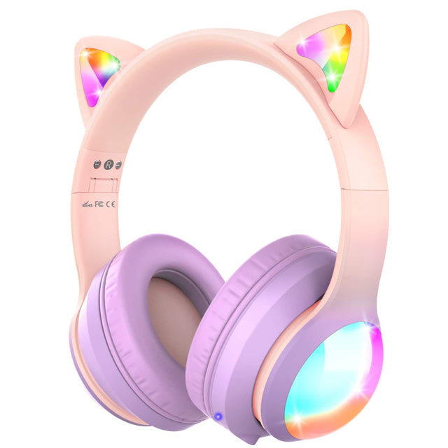 Front. FosPower - Kids Headphones Wireless, Kids Bluetooth headphones with Cord, Over Ear Cat Ear Wired Headphones, Pink - Pink.