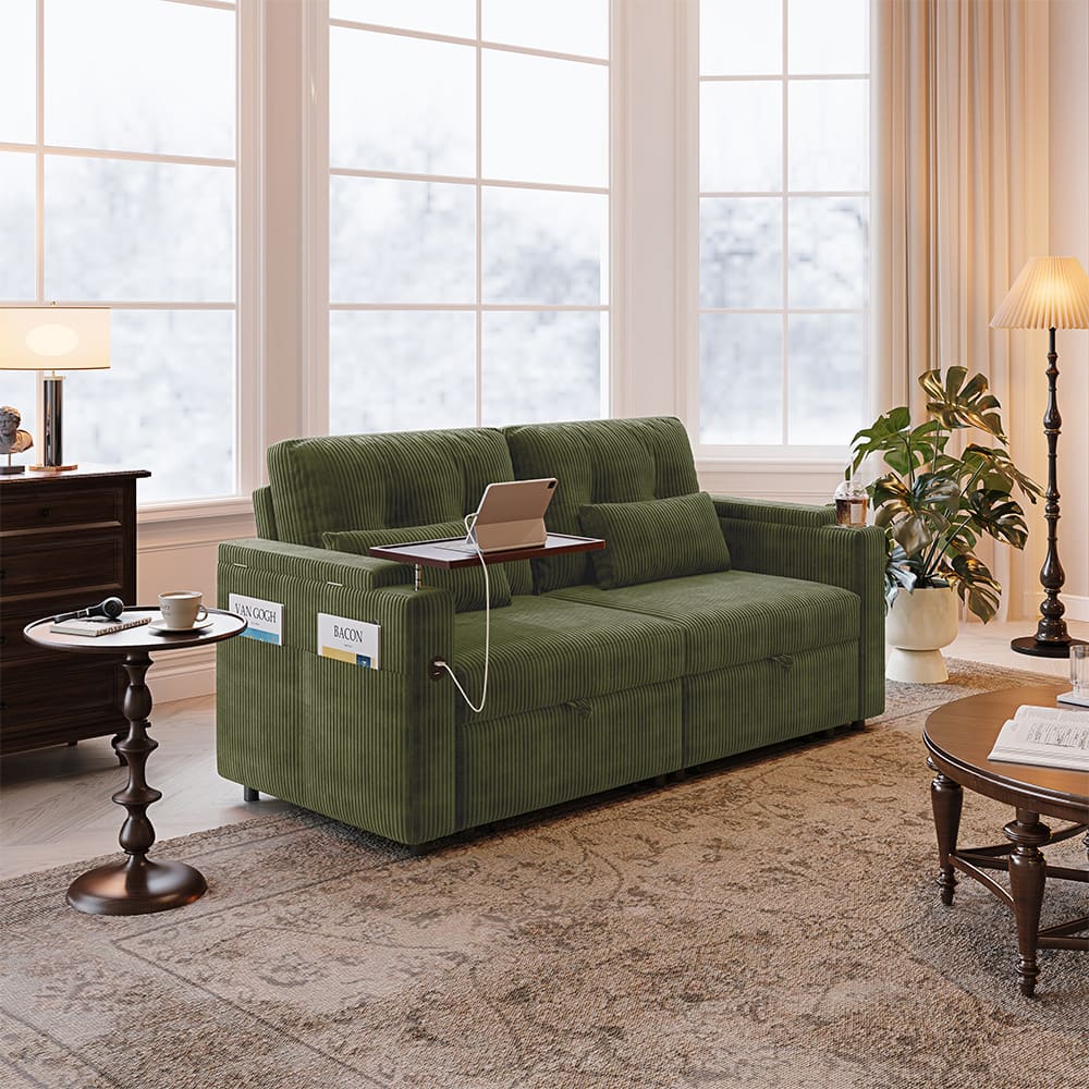 Anysun - 3-in-1 Folding Convertible Sofa Bed with Corduroy Fabric, 360° Swivel Side Table, USB Charging & Hidden Storage - Coffee