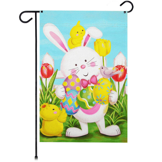 Front. G128 - Happy Easter Garden Flag 12 x 18 in Double-Sided Bunny with Easter Eggs. - Multicolor.