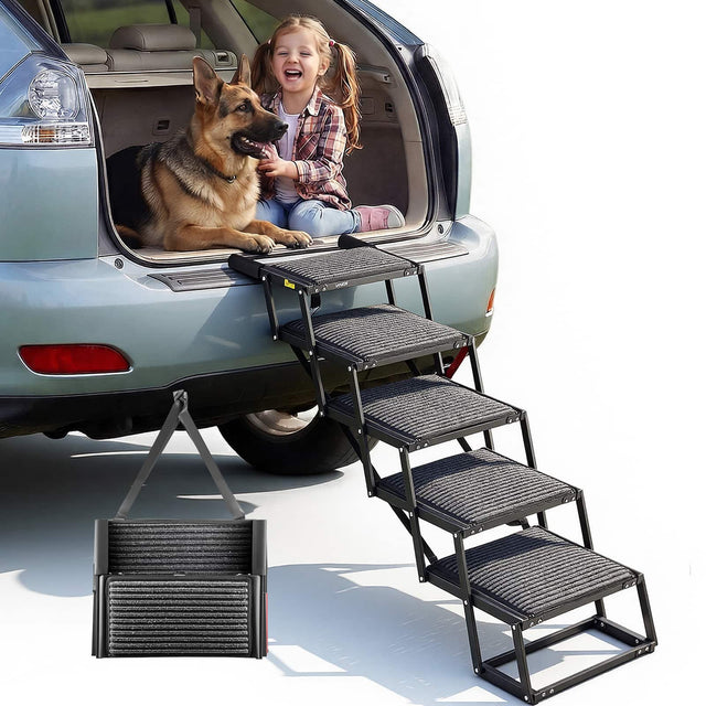 Front. VEVOR - Dog Stairs for Car, 5 Steps Extra Wide Foldable Dog Ramp for Large Dogs with Non-Slip Rug Surface, Portable Lightweight - Black.