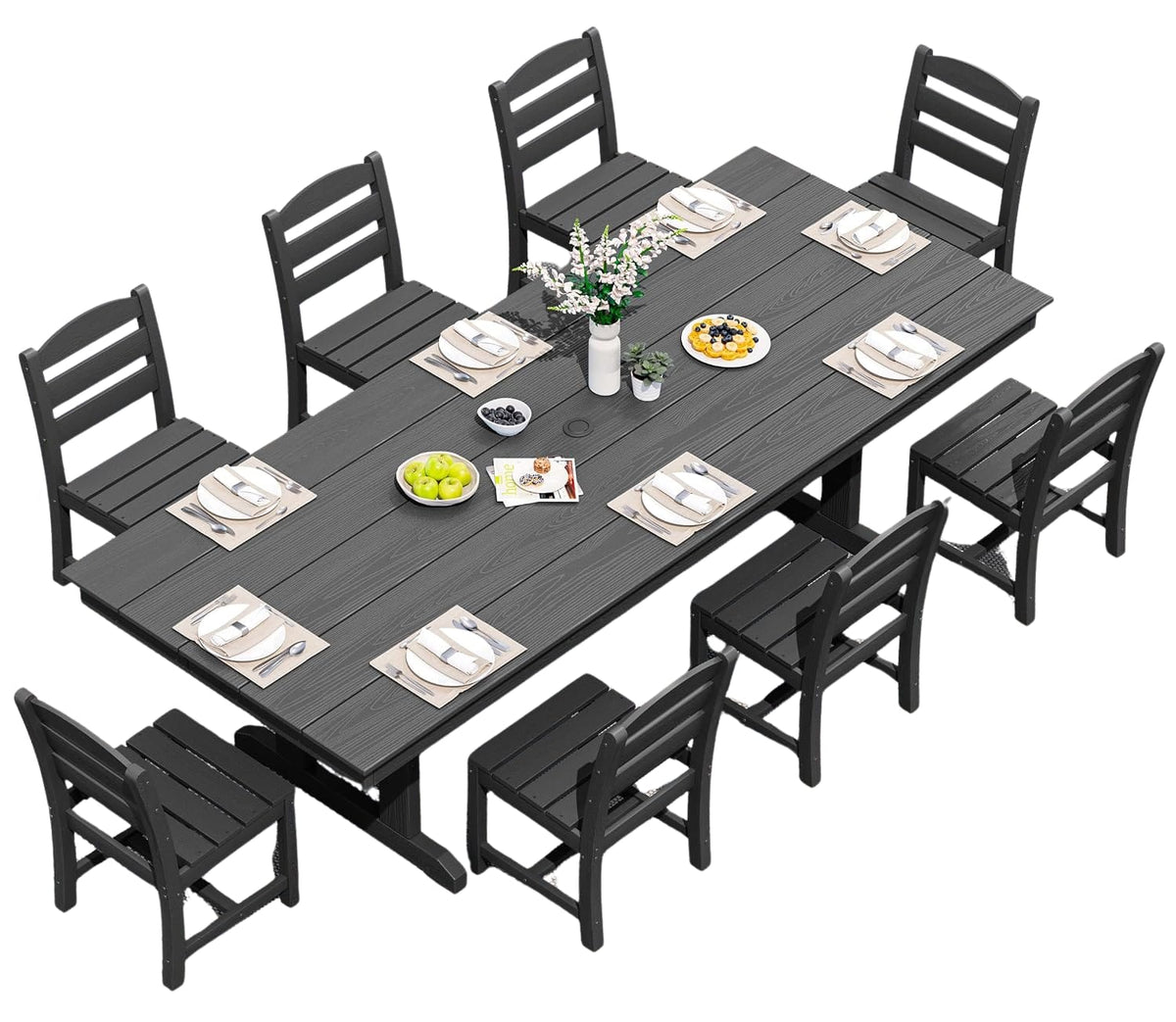 SERWALL - 9 Piece 84" HDPE Outdoor Dining Set for 8 with Armless Chairs and Umbrelle Hole - Black