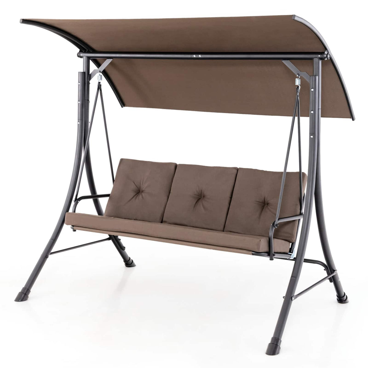 Costway - 3-Seat Outdoor Porch Swing Adjustable Canopy Padded Cushions Steel Frame - Brown
