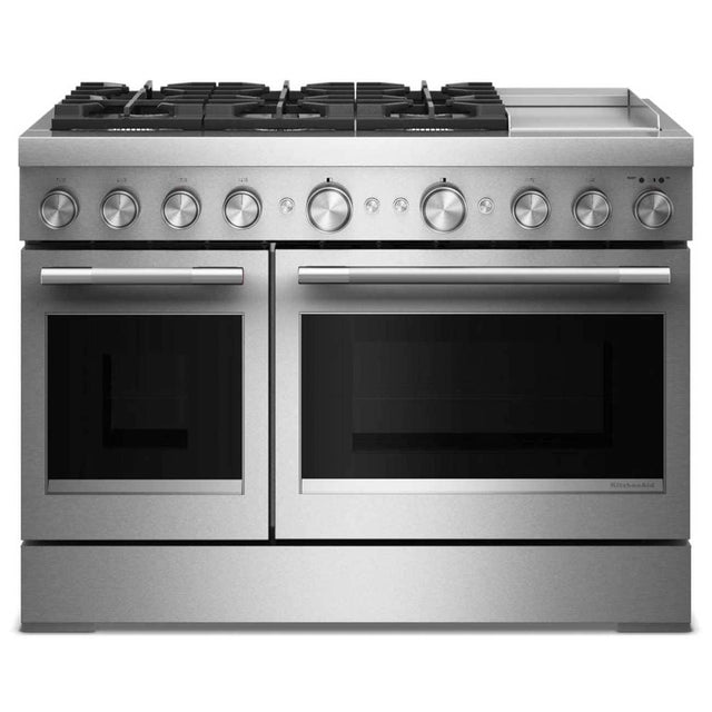 Front. KitchenAid - 48 inch Wide 6 burner 6.3 cu. ft. Freestanding Dual Fuel Range with Griddle and 6 Burners - Stainless Steel.