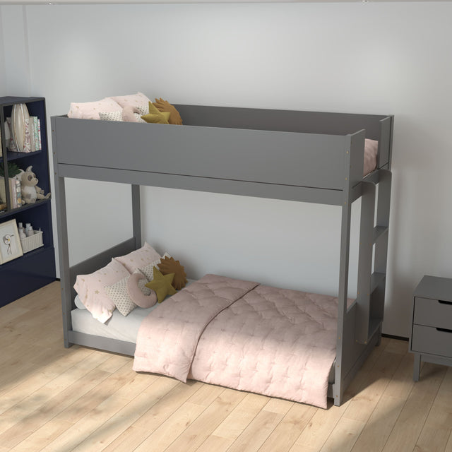 Front. Emma + Oliver - Samuel Kids Bunk Bed with Convertible, Solid Wood Frame and Easy-to-Climb Ladder with No Box Spring Required - Gray.