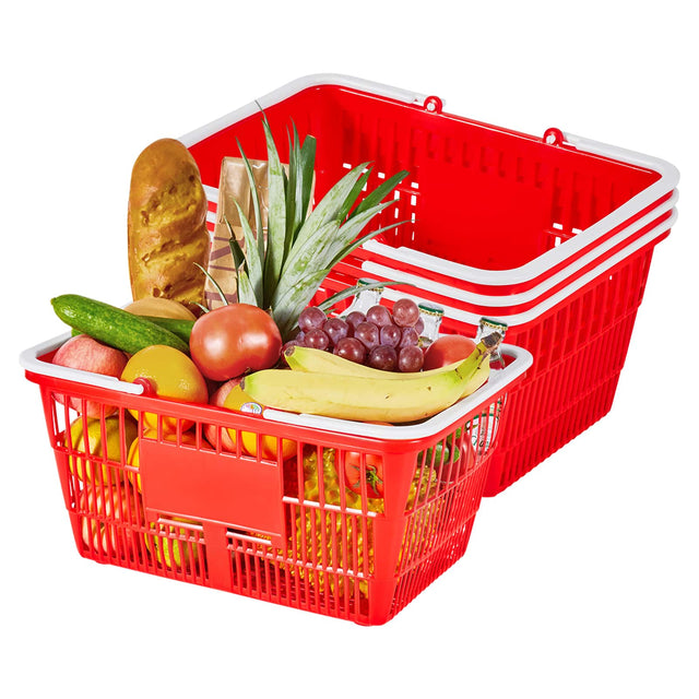 Front. VEVOR - Shopping Baskets, 4 PCS, 21L Stackable PE Plastic Grocery Baskets with Handles, Dense Mesh Structure, Holds up to 20 lbs - Red.