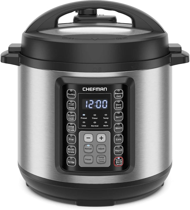 Close Open CHEFMAN Poultry Pressure Cook Meat 12:00 Slow Stew Cook Beans Chili Preset Timer Temp Saute Soup Broth Less Normal More Steam Rice - + Cake Multi- Grain Manual Adjust Yogurt Porridge Preset Temp Timer Keep Warm Cancel