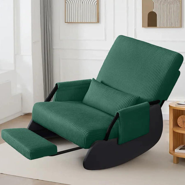 Front. KERDOM - Corduroy Rocking Chair with Footrest, Cover Washable, Upholstered Cradle Armchair Nap Recliner Glider Chair with Ottoman - Green.