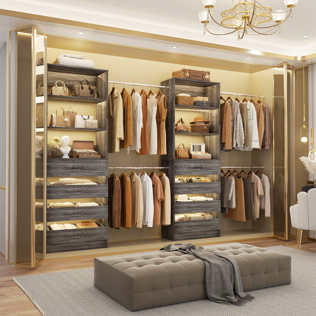 Front. Aheaplus - 6-15Ft Walk-in Closet Organizer: 8 Drawers, 4 Hanging Rods & Tower, Ships in 2 Packages - Gray Oak.