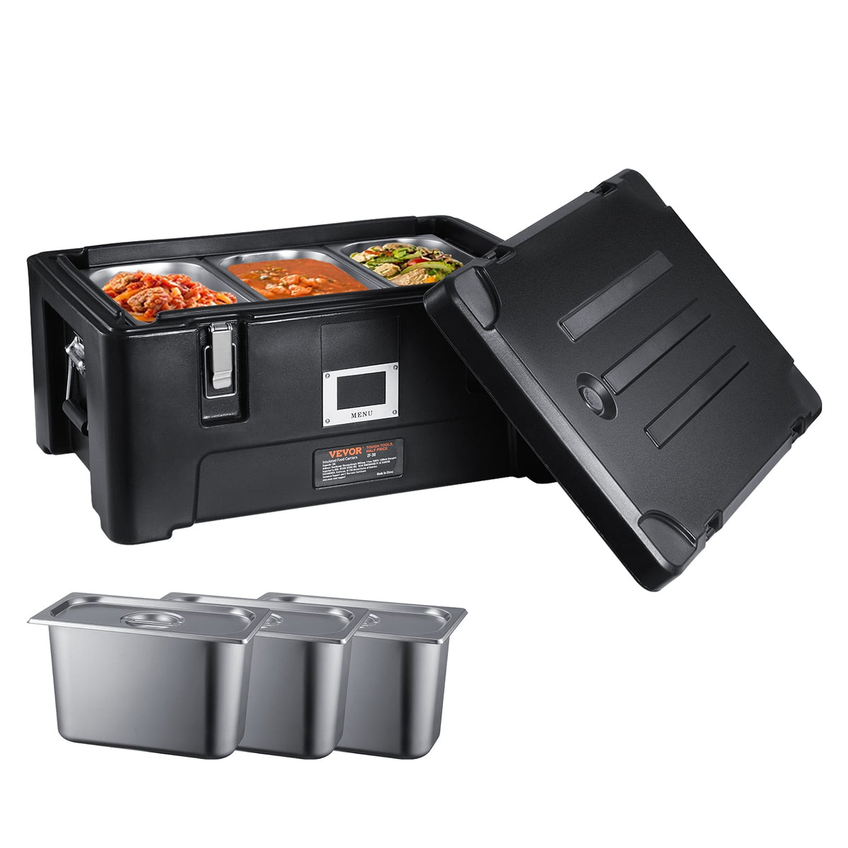 VEVOR - Insulated Food Pan Carrier, 36Qt Capacity, Stackable Catering Hot Box with 3 Stainless Steel Pans - Black