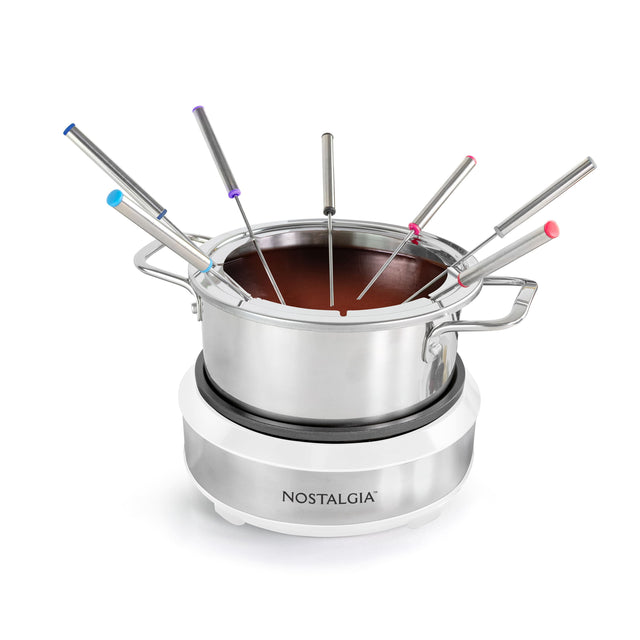 Front. Nostalgia - 8-Cup Fondue Dipping Pot with 6 Fondue Forks - White and Stainless Steel.