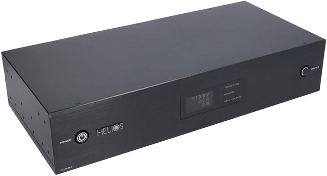 The text on the image reads: "DIMMER 9.0 V 119.0V 1 1 0.0A OW 0 PROTECTED GROUND VOLTAGE SAFE POWER HELIOS HS-1912PC."