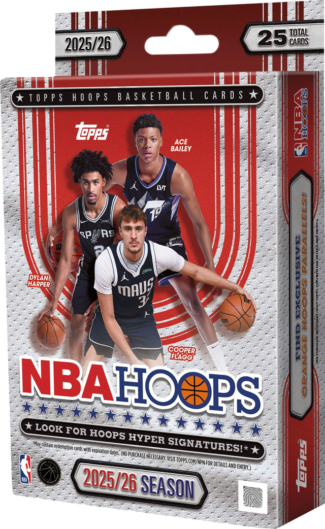 2025/26 TOPPS HOOPS BASKETBALL CARDS  
25 TOTAL CARDS  

ACE BAILEY  
DYLAN HARPER  
COOPER FLAGG  

NBA HOOPS  
LOOK FOR HOOPS HYPER SIGNATURES!  
May contain redemption cards with expiration dates. (NO PURCHASE NECESSARY. VISIT TOPPS.COM/NPN FOR DETAILS AND ENTRY.)  

2025/26 SEASON  

NBA  
NBA PLAYOFFS  

*INCLUDES EXCLUSIVE HOOPS PARALLEL!  
*NO PURCHASE NECESSARY. VISIT TOPPS.COM/HOOPS FOR DETAILS AND ENTRY.