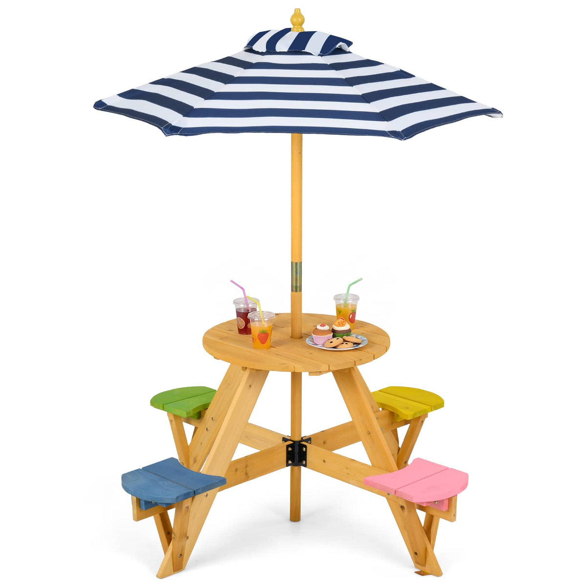 Gymax - Kids Picnic Table w/ Stools Wooden Activity Desk Set w/ Foldable Umbrella - Multicolor